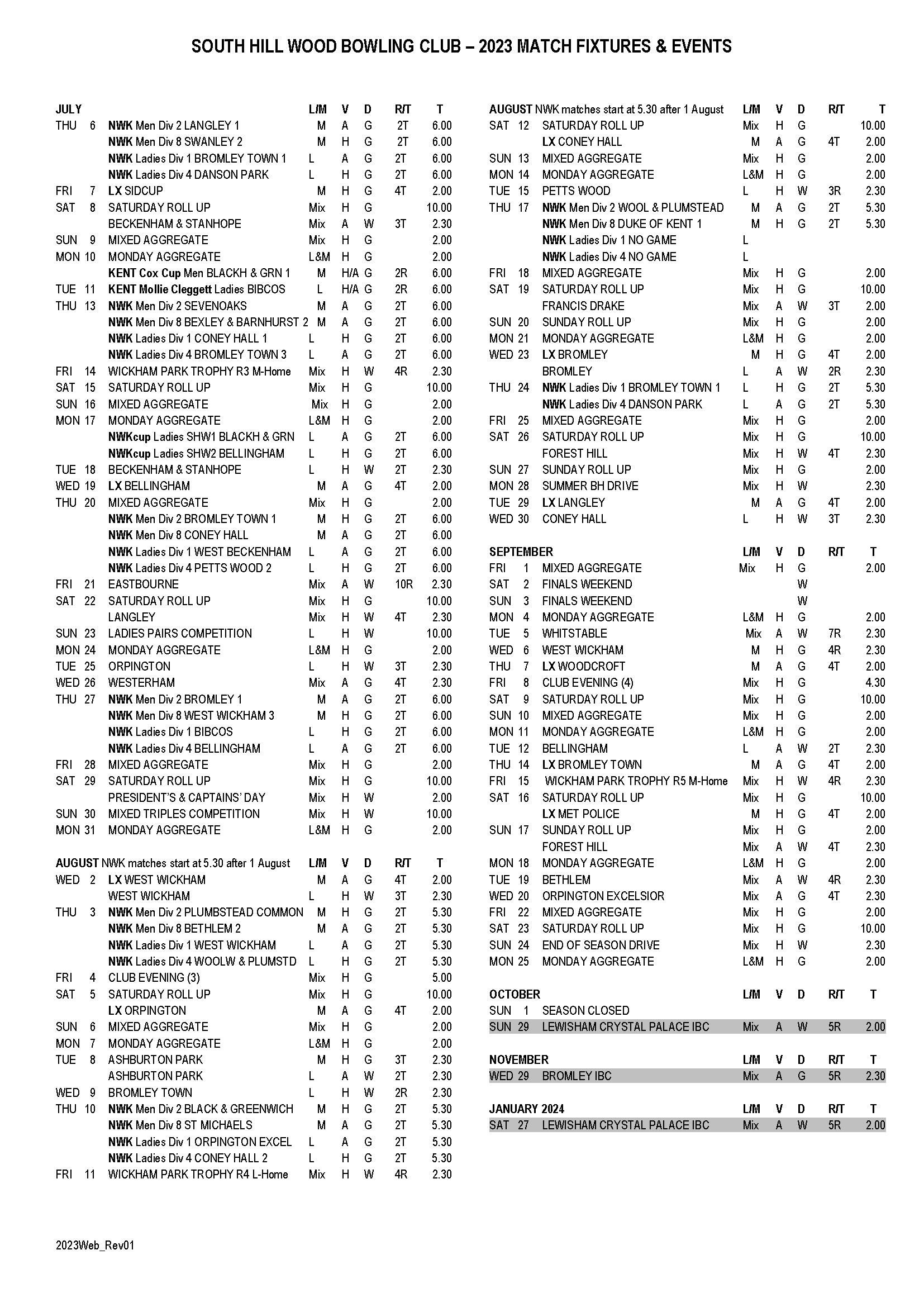 Fixtures & Events - SHWBC